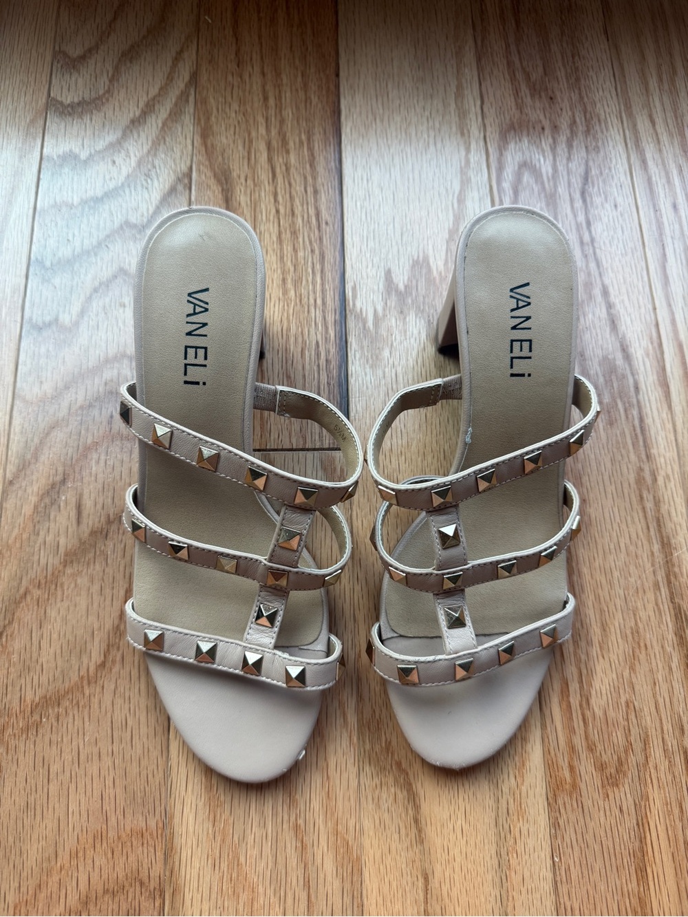 Vaneli Nude Studded Multi-Strap Heel Sandals